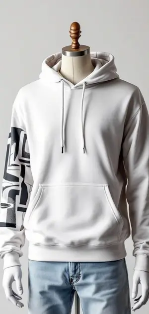 White hoodie with bold black graphic designs on the left sleeve