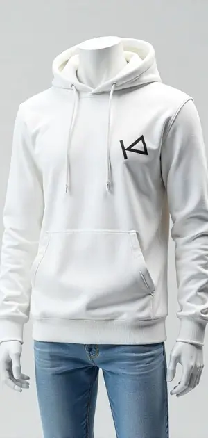 White hoodie with a small black triangular logo on the left chest