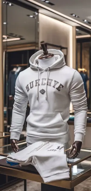 White hoodie with bold branding displayed on a mannequin
