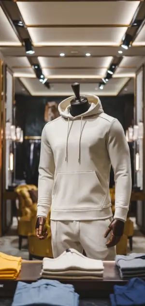 White hoodie with a minimalist design on a mannequin in a luxury store.