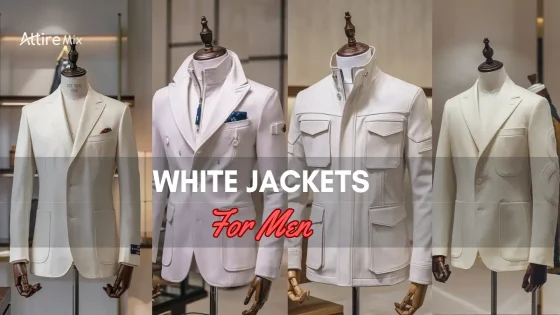 Four stylish white jackets for men displayed on mannequins.