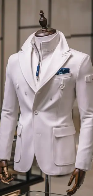 White tailored jacket for men with blue pocket detail.