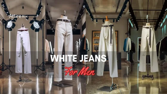 White jeans for men displayed in different styles with belts in showrooms