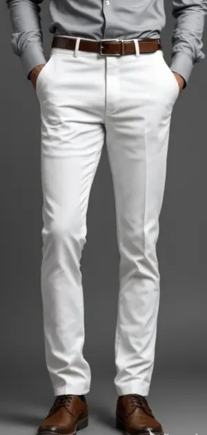 Man in slim-fit white trousers with a grey shirt, brown belt, and brown dress shoes.