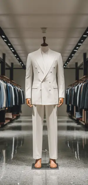 White double-breasted suit on a mannequin in a contemporary retail display