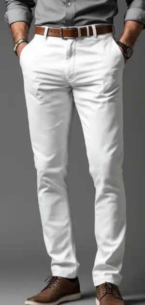 Man in white trousers with a grey shirt, brown belt, and brown shoes