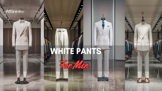 collage featuring White Pants For men and suits for men in stylish retail settings