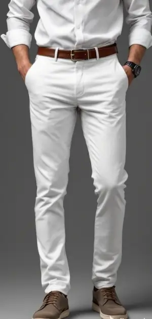 Man wearing white trousers with a white shirt, brown belt, and beige shoes