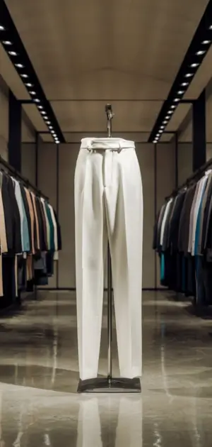 White formal pants displayed on a stand in a premium clothing store