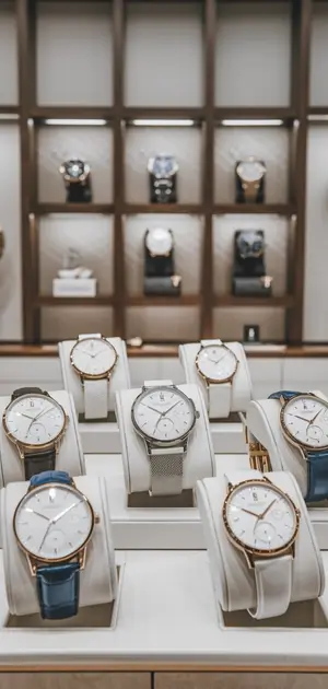 display of white wristwatches for men arranged on stands