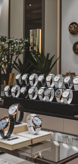 Multiple rows of wristwatches with white dials in a store