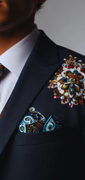 Rustic brooch on a linen suit lapel for a bohemian aesthetic.