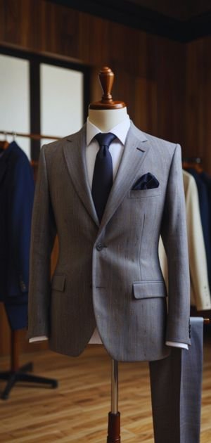 gray designer suit with notch lapel, white shirt, and black tie.