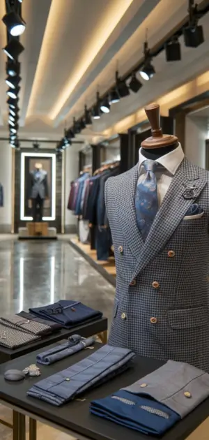 Gray checkered double-breasted suit with blue tie and lapel pin in a showroom
