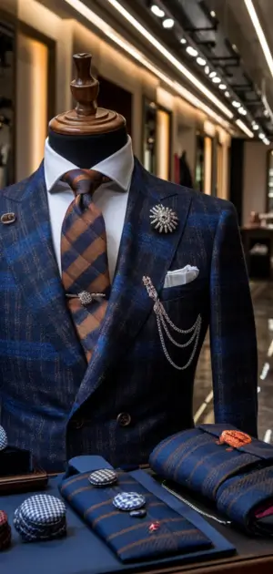 Navy suit with red tie, pocket square, and lapel pin in a modern store.