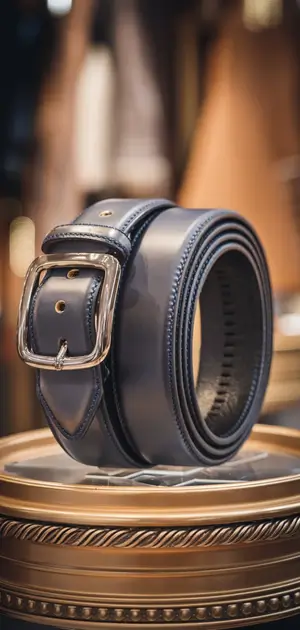 Black leather belt with large buckle on bronze pedestal