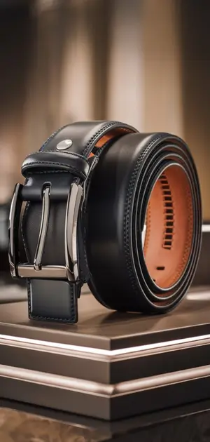 Men's winter belt with double buckle on striped pedestal