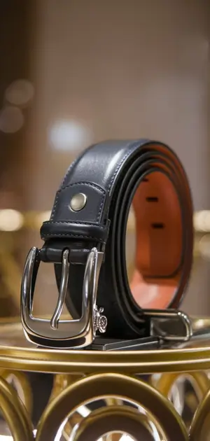 Black men's belt with silver buckle on golden stand