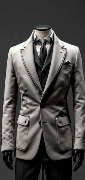 Light grey blazer with black waistcoat and tie on a mannequin