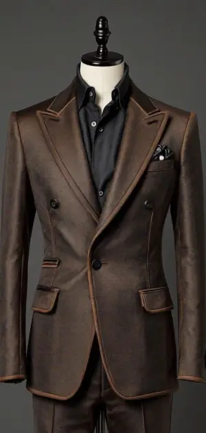 Shimmery bronze blazer with black shirt and pocket square