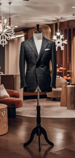 Double-breasted blazer displayed in a luxurious interior with winter decor