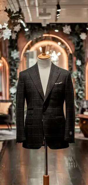 stylish checkered blazer on a mannequin in a festive room with arches