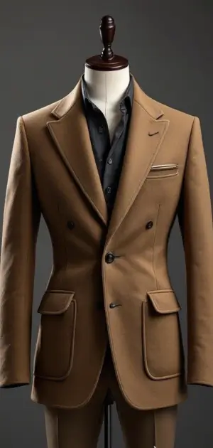 Camel-colored blazer with black shirt and bold pocket flaps