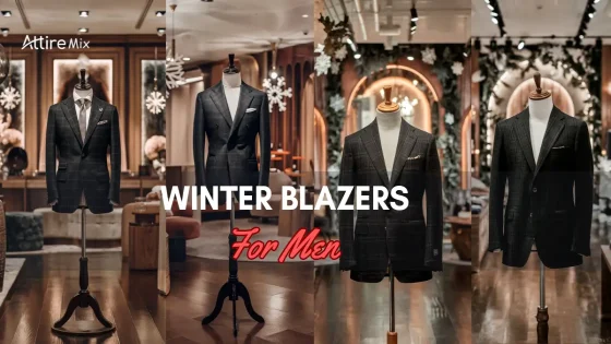 Stylish winter blazers for men displayed on mannequins in a showroom