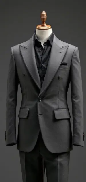 Dark grey double-breasted blazer with black shirt on a mannequin
