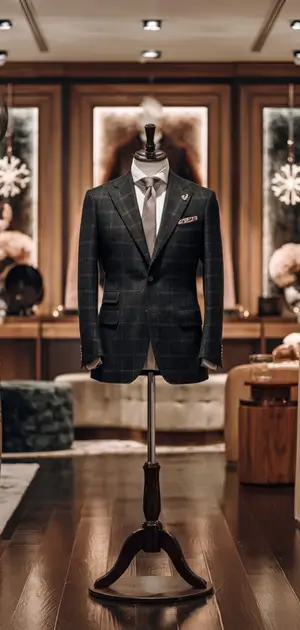 classic dark checkered blazer displayed on a mannequin in a luxury room.