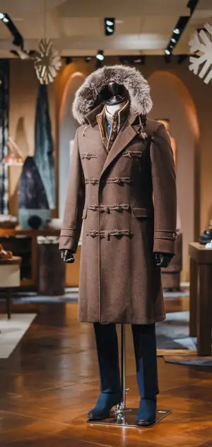 Brown hooded winter coat on mannequin