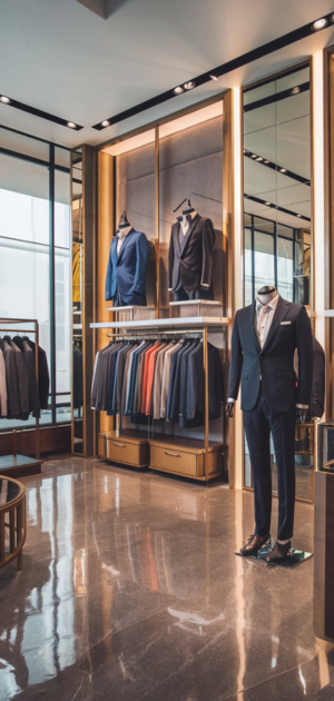 Winter formal suits for men displayed in a modern luxury boutique.