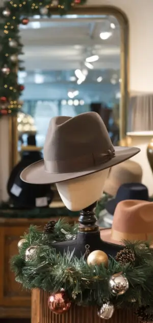Fedora hat surrounded by Christmas decorations