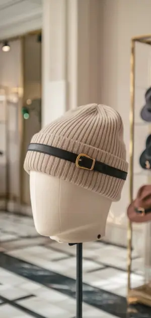 Knit hat with belt buckle on mannequin head