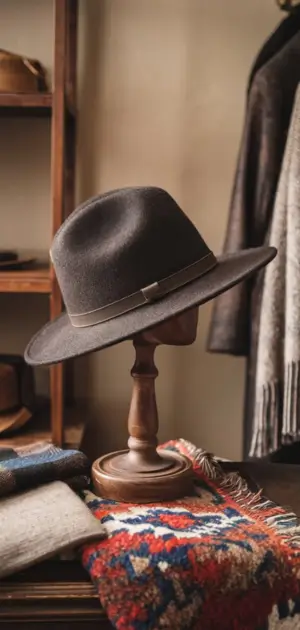 Felt fedora hat on wooden stand with textured blanket