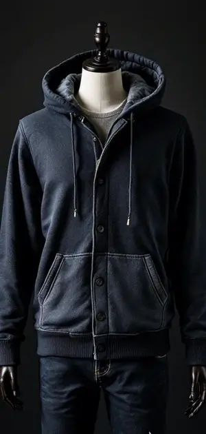 Dark navy button-up hoodie with matching drawstrings and front pockets.
