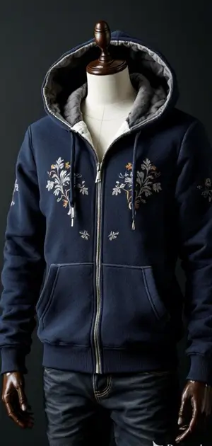 Navy blue zip-up hoodie with floral embroidery and grey inner lining.