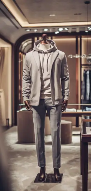 Gray hoodie layered with a matching blazer for men