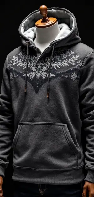 Dark grey pullover hoodie with white floral embroidery across the chest and shoulders.