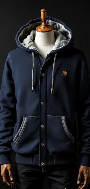 Navy blue button-up hoodie with grey inner lining and small chest emblem
