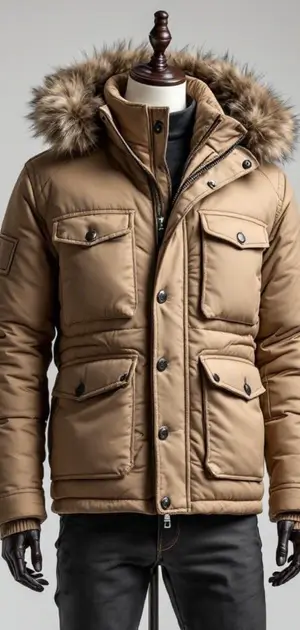 Tan winter jacket with fur-trimmed hood and button closures