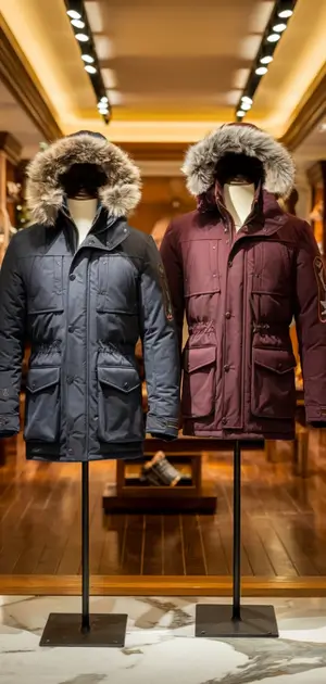 Two men’s winter jackets in blue and maroon colors on mannequins.