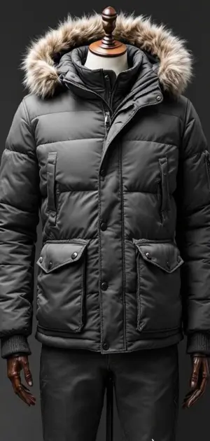 Dark gray winter parka with faux fur hood trim