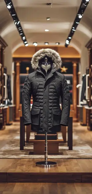 Black quilted winter jacket with fur-lined hood in store