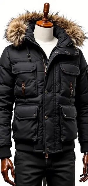 Black winter jacket with fur-lined hood and button pockets