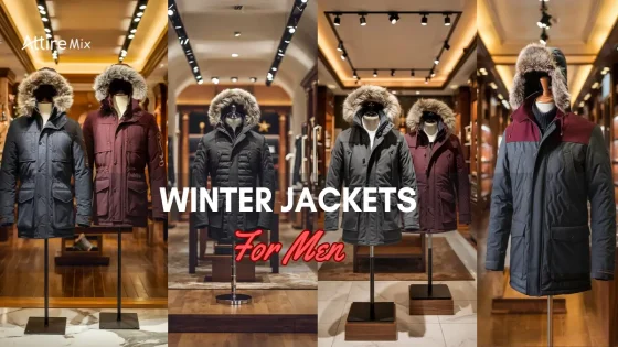 Winter Jackets For men with fur-lined hoods displayed in a clothing store