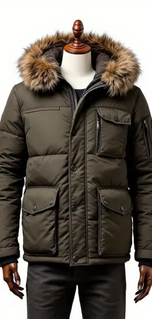 Olive green winter jacket with faux fur hood trim