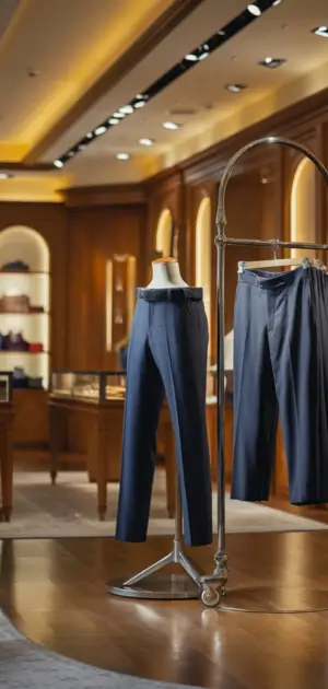 Blue formal pants on a mannequin in a luxurious store interior