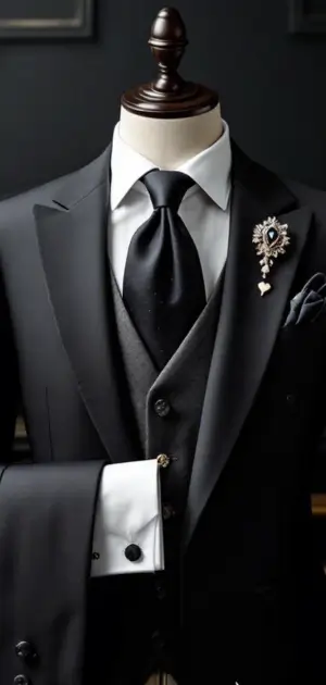 Classic black suit with a satin black tie and an ornate brooch