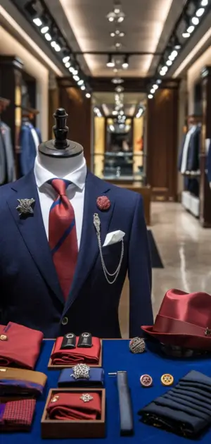 Navy suit with red tie, lapel pins, chain accessory, and matching red hat on display.